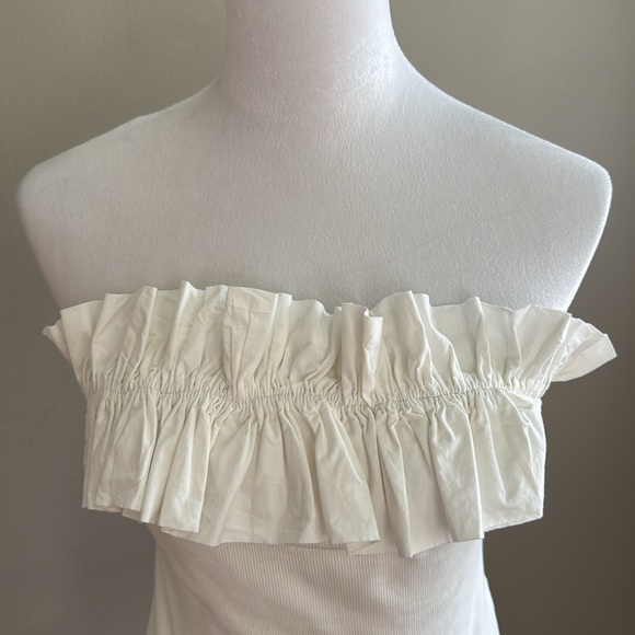 Anthropologie Maeve Poplin Ruffle Trim White Tube Off Shoulder Top Size MP - NEW - Picture 7 of 12